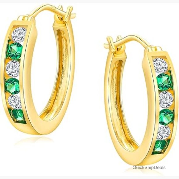 Jewelry - Sterling Silver or 14K Gold Plated Chunky Hoop Earrings with CZ Stones